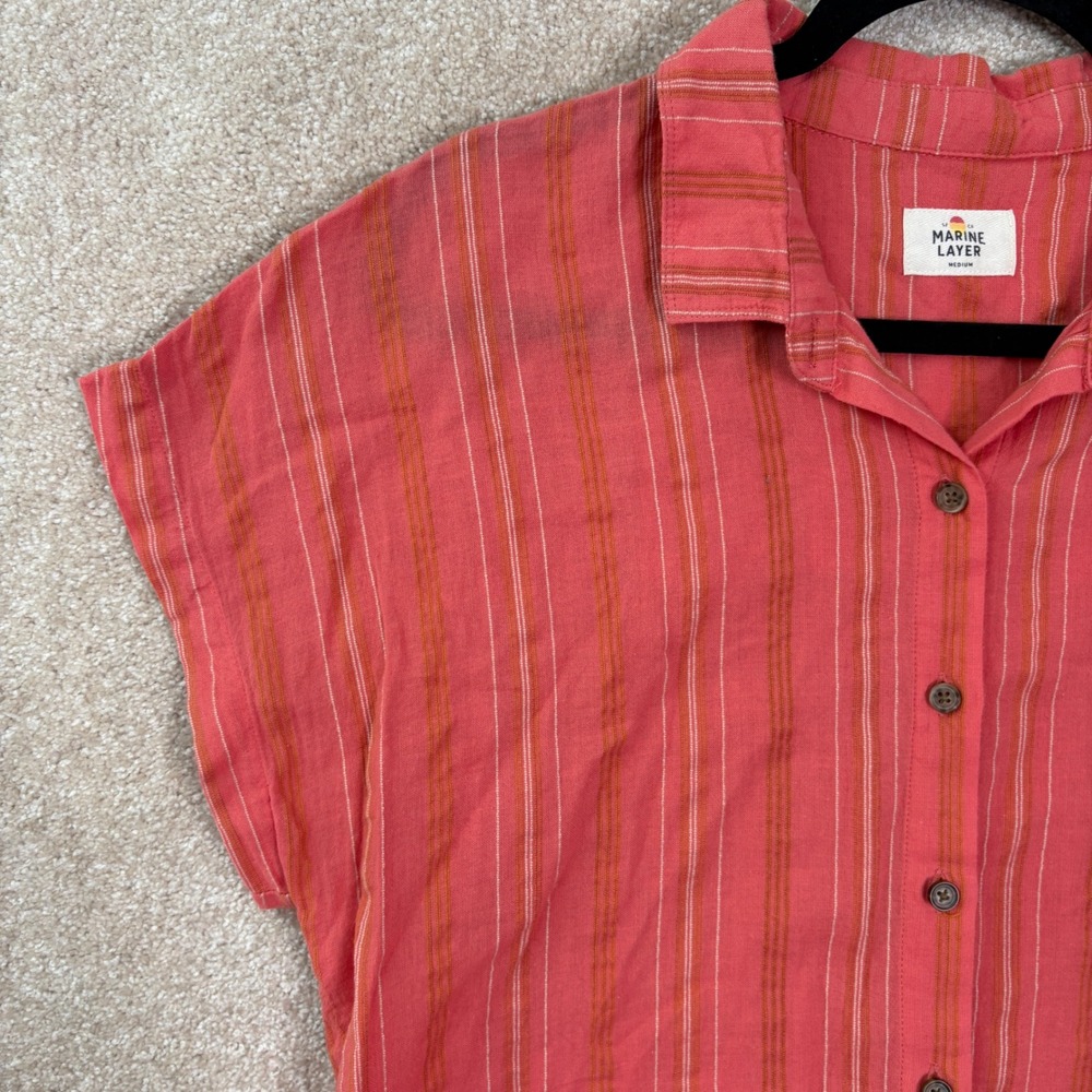 MARINE LAYER Button Down Shirt Womens Medium Stripe Short Sleeve 100% Cotton - Picture 2 of 6